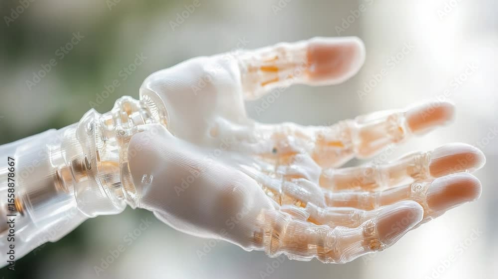 Poster futuristic bio-mechanical hand with transparent elements highlighting advanced robotics