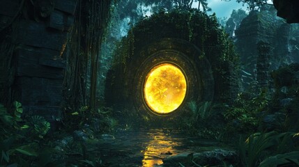 Mysterious Portal in Ancient Ruins: An enigmatic, golden portal glows, nestled within the crumbling ruins of a long-forgotten civilization, hinting at untold secrets and ancient mysteries.