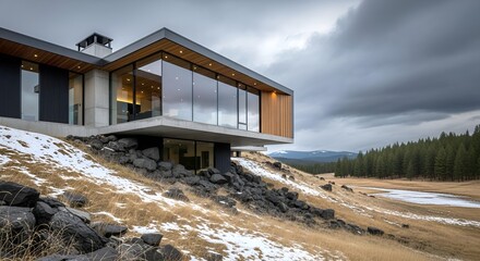 Obraz premium Ultra photorealistic modern mountain shelter house on a steep slope with panoramic windows, cantilever structure, concrete, black steel, dark wood, autumn, storm clouds, cinematic light