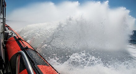 High-Speed Powerboat Cutting Through Ocean Waves, Spray and Foam