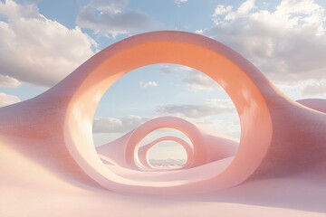 3d render Surreal pastel landscape background with geometric shapes, abstract fantastic desert dune in seasoning landscape with arches, panoramic, futuristic scene with copy space, blue sky and cloudy