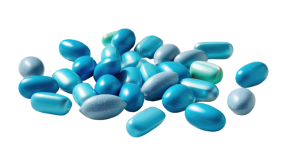 Colorful Pills: A close-up shot of a collection of vibrant blue pills. The assortment showcases the diverse colors and shapes found in pharmaceuticals.