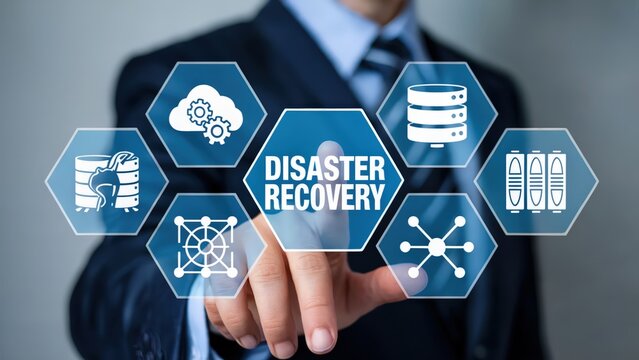 Businessman presents disaster recovery solution with digital interface