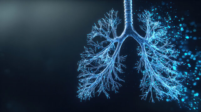 Highly detailed bronchial tree in a breathing cycle, 3D animation with oxygen flow represented by glowing blue particles, clean medical background with gradient light