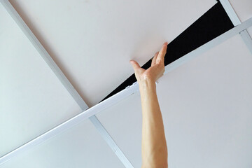 Hand opening ceiling panel for inspection service in home maintenance interior