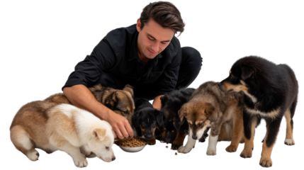 A Man Nurturing Canines: A kind person tending to a pack of dogs as they enjoy their food, showcasing compassion and the beauty of companionship.