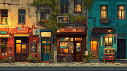 Fototapeta premium Pixel Art Wallpaper of a Looping Street with Shops from Different Time Periods and a Gradual Shift from Morning to Night 