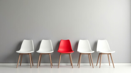 Three Vacant White Chairs and One Red on Gray Wall Background in Office Simple Minimalist Interior