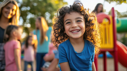 A group of children playing together in a community playground, with parents watching and chatting, creating a family-friendly, connected neighborhood. —ar 16:9 