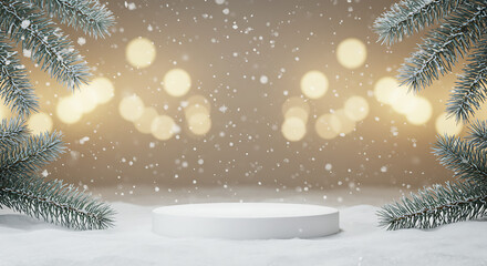 Winter Scene with White Podium Snowfall and Pine Branches for Product Display.