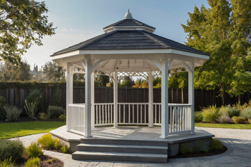 White octagonal gazebo with dark roof and wooden deck image
