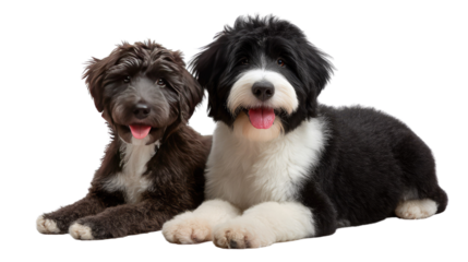 Playful Pair: Two charming shaggy dogs, with contrasting coats, lie close together with happy expressions, their playful energy and undeniable bond filling the frame with warmth and joy.