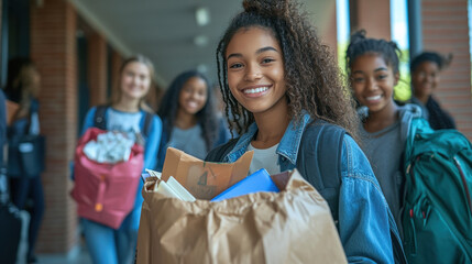 A group of college students participating in a donation drive, collecting school supplies for children in underfunded districts. —ar 16:9 