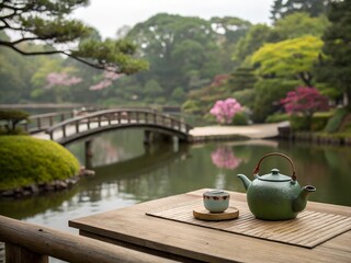 Tea preparation in a serene Japanese garden with a wooden bridge and blooming cherry trees on a calm afternoon