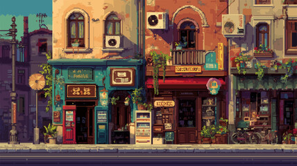 Naklejka premium Pixel Art Seamless Wallpaper of a Street Looping Through Time from Morning to Night with Shops from Different Eras
