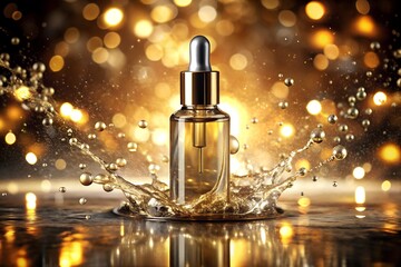 Luxury Gold Serum Bottle with Dropper, Splashing Liquid, Sparkling Background