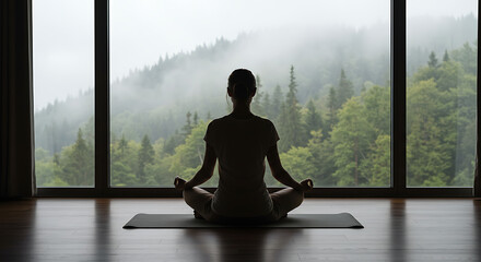 Woman Meditating in Lotus Pose by Window.
