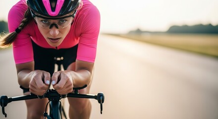 Female cyclist training hard on the road for competition