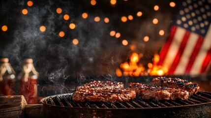 A festive barbecue scene with burgers on the grill, American flag, and fire in the background.
