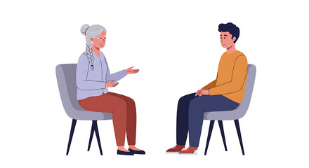 Woman with Braided Hair Gesturing to Young Man in Counseling Session.