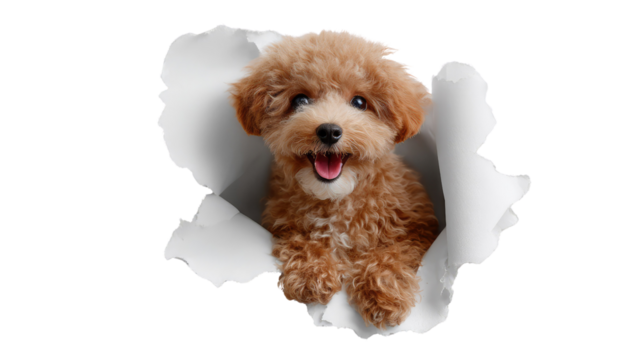 Playful Pup Breaks Through: A delightful, fluffy poodle puppy bursts through a torn opening, its smiling expression and textured coat exuding pure joy and playfulness. 