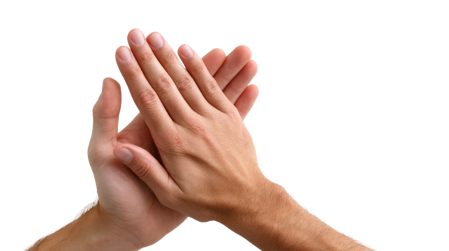 Clapping Hands: A close-up shot of hands clapped together in a gesture of approval, appreciation, or celebration. The image captures the texture of skin and conveys a sense of warmth. 
