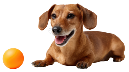 Playful Dachshund and Ball: Capturing the delight of a playful dachshund, this image features a close-up shot of the dog, sitting beside an orange ball, its happy expression stealing the show. 