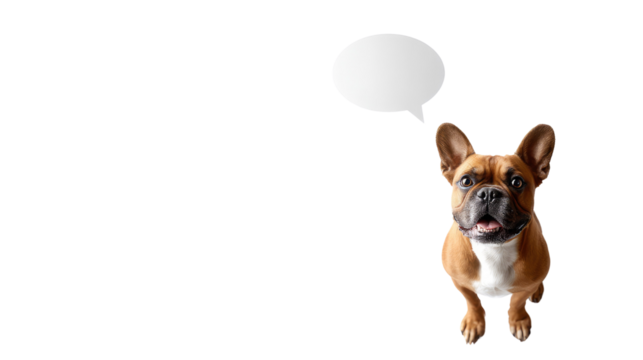 French Bulldog with Thought Bubble: An adorable fawn French Bulldog sits attentively, a blank thought bubble hovering above, inviting viewers to imagine its canine contemplations.