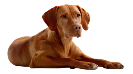 Loyal Vizsla resting calmly: A regal vizsla, known for its sleek reddish-gold coat, rests serenely, embodying both strength and tenderness.