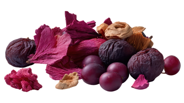 Dried Flower and Fruit medley: A visually appealing still life features a diverse assortment of dried fruits and vibrant flower petals arranged in a harmonious composition.