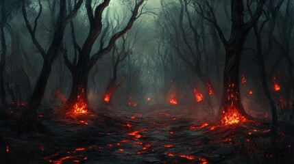 Eerie Forest and Fire: A haunting image of a desolate forest, where the ground is engulfed in a mysterious and ominous fiery glow, with leafless trees, evoking a sense of both foreboding and raw.