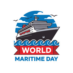 Fototapeta premium Modern Flat Vector Poster of World Maritime Day with Ship and Sea Elements