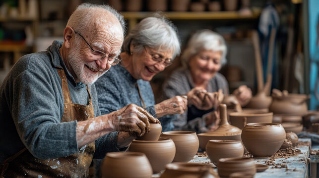 A group of elderly friends participating in a pottery class, working with clay and creating beautiful pieces together in a studio setting. —ar 16:9 