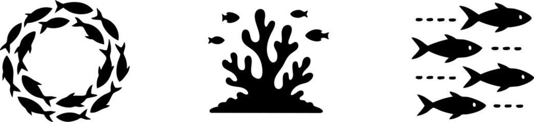 Three black icons illustrate fish swimming in a circle, coral with small fish, and fish swimming in one direction.