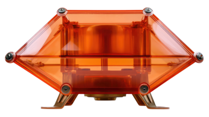 Orange Geometric Technological Structure: A close-up shot presents a vibrant, geometric technological structure, constructed with a transparent orange material and metallic accents.