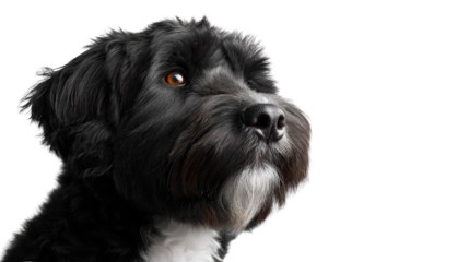 Loyal Gaze: A charming black dog gazes with intense focus, its expressive eyes hinting at unwavering devotion and affectionate companionship. Capturing the essence of canine fidelity.