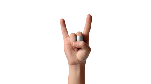 Rock On Gesture: An isolated hand making the "rock on" hand gesture, a symbol of energy, defiance, or camaraderie. Captured in a clear, artistic pose.