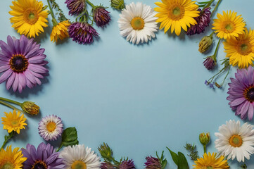 Obraz premium Yellow purple white daisies and buds arranged on blue flowers