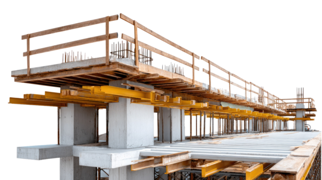 Construction Site Framework: A dynamic perspective on a construction site, where reinforced concrete and wooden frameworks are integrated, suggesting the start of a new structure.