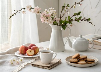 Fresh flowers, fruits, and delicate pastries create a cozy table setting for afternoon tea in a sunlit room with soft decor