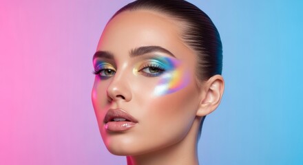 Fototapeta premium Woman with colorful eyeshadow and glossy lips portrait shot