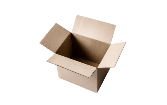 Open cardboard shipping box isolated on transparent background