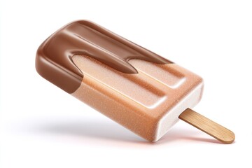 Ice cream bar with chocolate coating on stick lying diagonally on white surface