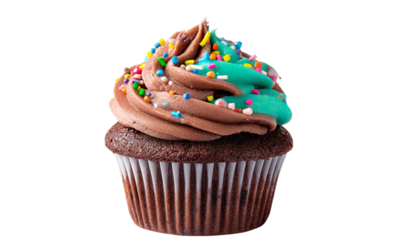 chocolate cupcake with colorful frosting and sprinkles isolated on transparent background
