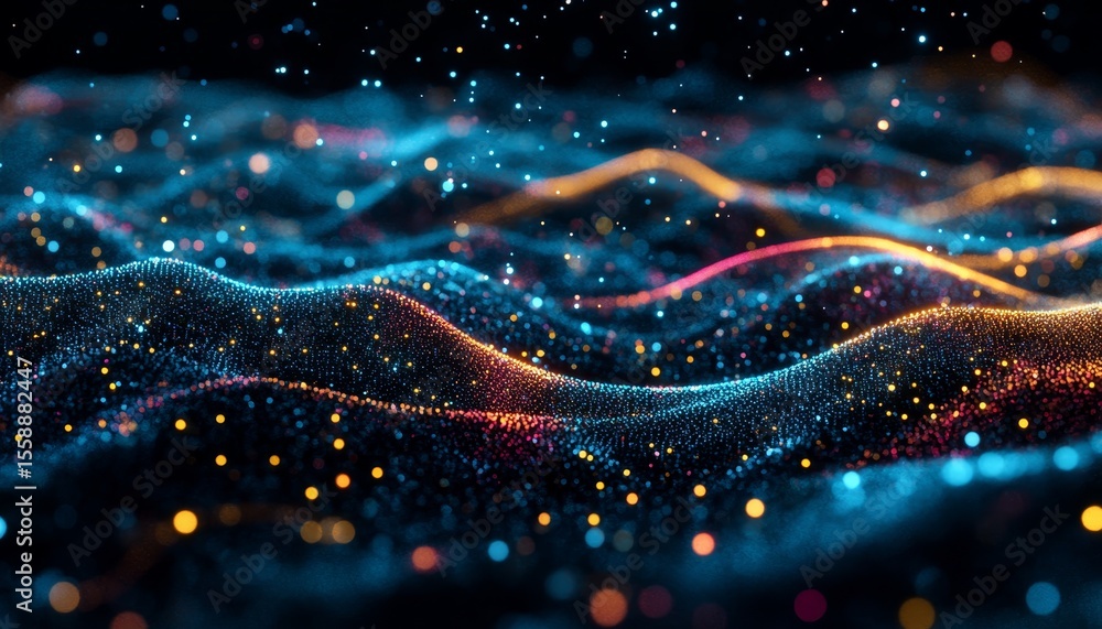 Poster dynamic abstract neural network visualization with interconnected dots and curved formations in ai