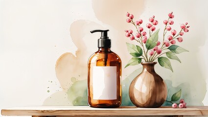 an amber glass pump bottle with a blank white label
