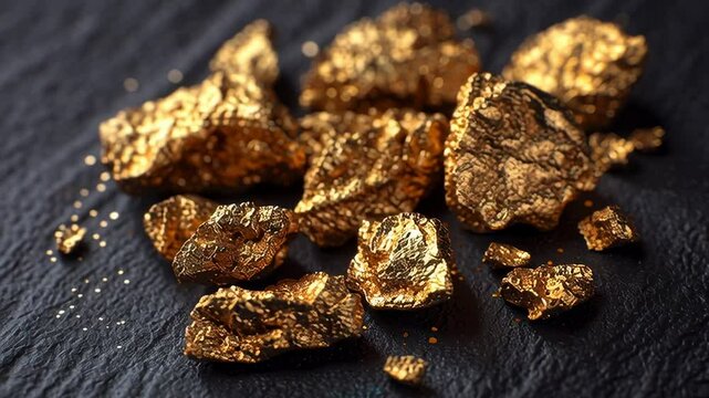 Scattered pieces of raw gold nuggets on a dark textured surface, highlighting their shiny metallic texture and natural irregular shapes, ideal for mining or wealth concepts.
