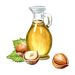Hazelnut oil. Hand drawn watercolor illustration isolated on white background
