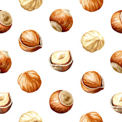 Hazelnut seamless pattern. Hand drawn watercolor illustration isolated on white background