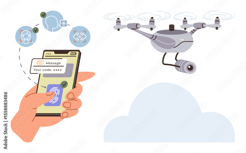 Poster drone capturing video footage with camera hand using phone with fingerprint scanner, login verificat